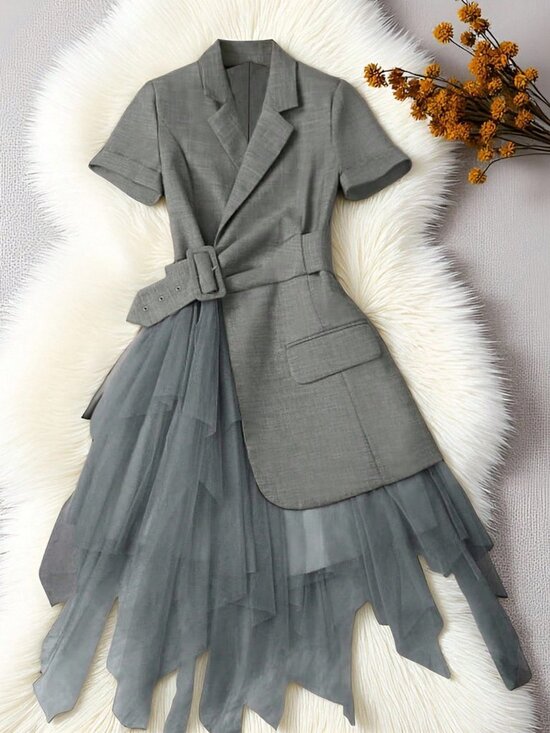 MODA ME COUTURE Jackets & Blazers - Grey Casual Women's Lapel Neck Adjustable Buckle Patchwork Jacket